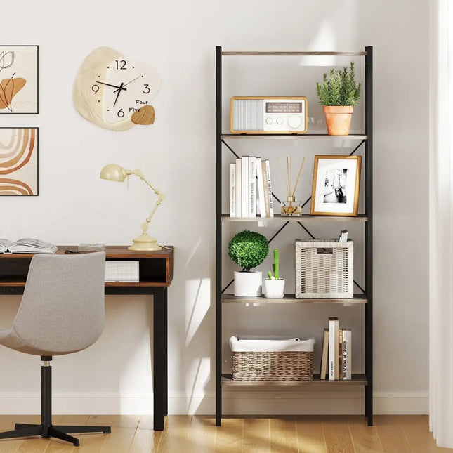 5-Tier Bookshelf with Open Shelves and Heavy Duty Metal Frame-Gray Costway