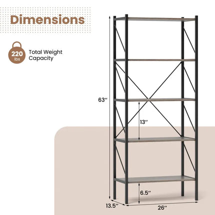 5-Tier Bookshelf with Open Shelves and Heavy Duty Metal Frame-Gray Costway