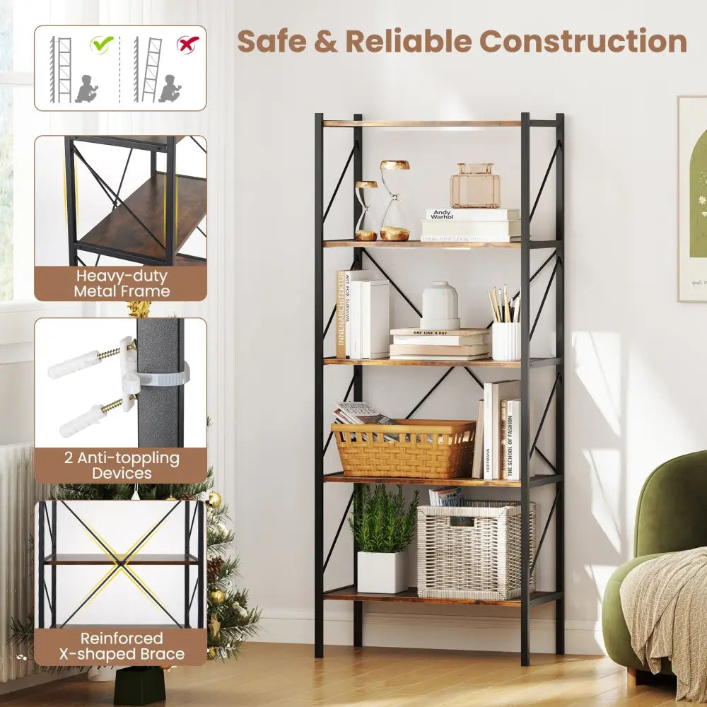 5-Tier Bookshelf with Open Shelves and Heavy Duty Metal Frame-Rustic Brown - Rustic Brown - Bookcases