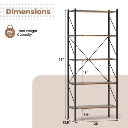 5-Tier Bookshelf with Open Shelves and Heavy Duty Metal Frame-Rustic Brown Costway