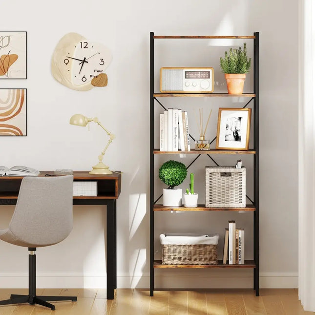 5-Tier Bookshelf with Open Shelves and Heavy Duty Metal Frame-Rustic Brown Costway