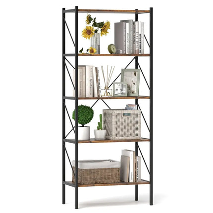 5-Tier Bookshelf with Open Shelves and Heavy Duty Metal Frame-Rustic Brown Costway