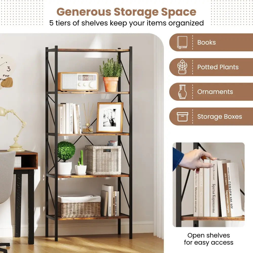 5-Tier Bookshelf with Open Shelves and Heavy Duty Metal Frame-Rustic Brown - Rustic Brown - Bookcases