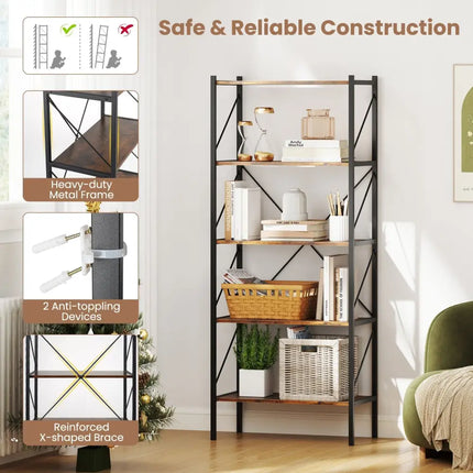 5-Tier Bookshelf with Open Shelves and Heavy Duty Metal Frame-Rustic Brown Costway
