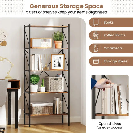 5-Tier Bookshelf with Open Shelves and Heavy Duty Metal Frame-Rustic Brown Costway