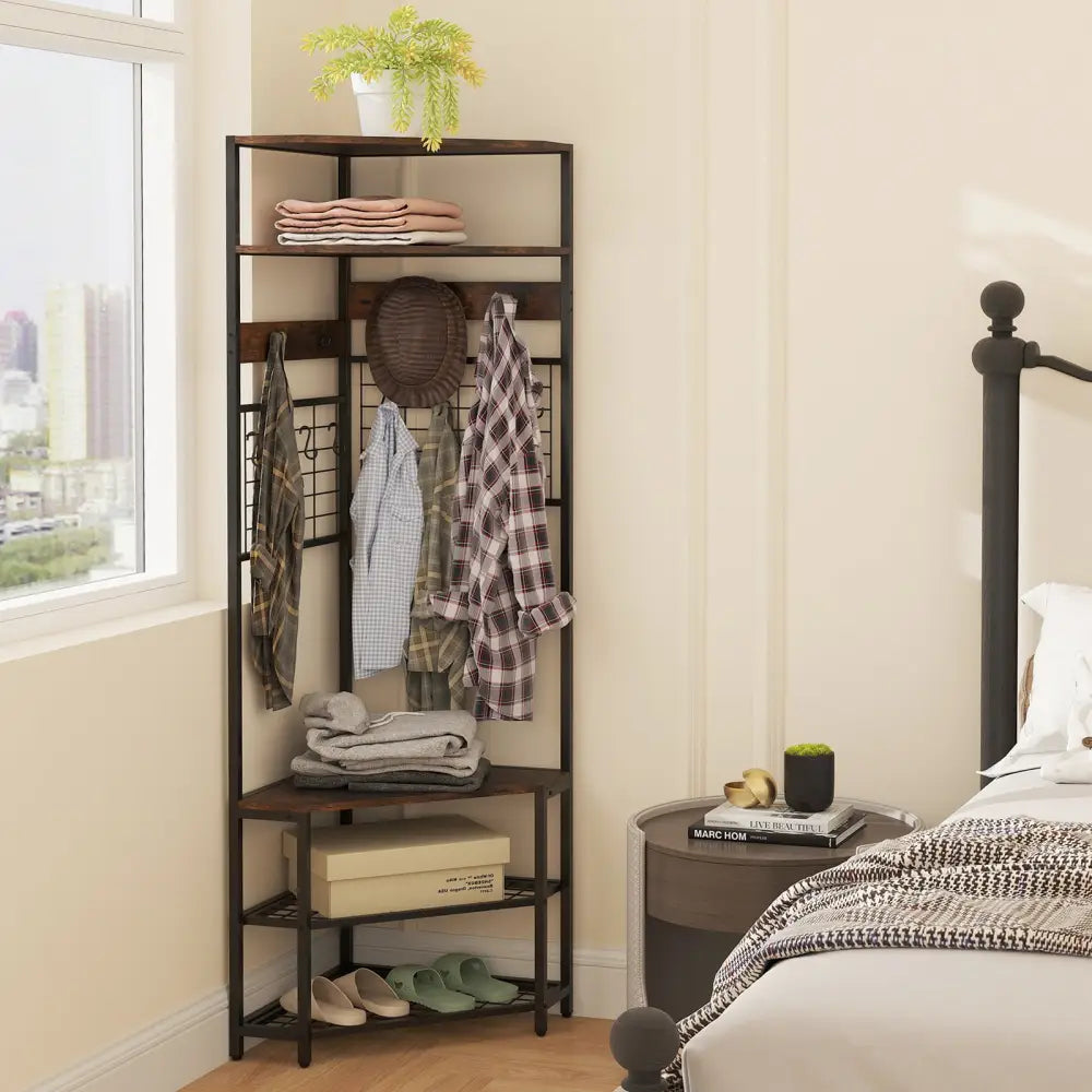 5-Tier Corner Hall Tree with Shoe Storage Bench-Rustic Brown - Rustic Brown - Coat Racks & Hall Trees