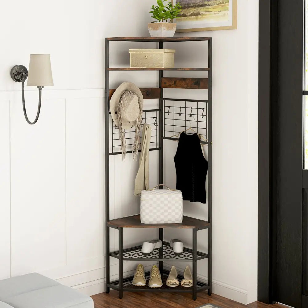 5-Tier Corner Hall Tree with Shoe Storage Bench-Rustic Brown - Rustic Brown - Coat Racks & Hall Trees