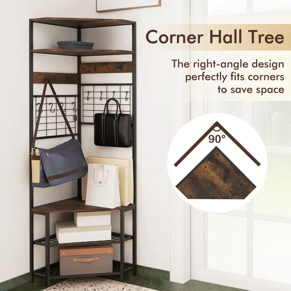 5-Tier Corner Hall Tree with Shoe Storage Bench-Rustic Brown - Rustic Brown - Coat Racks & Hall Trees