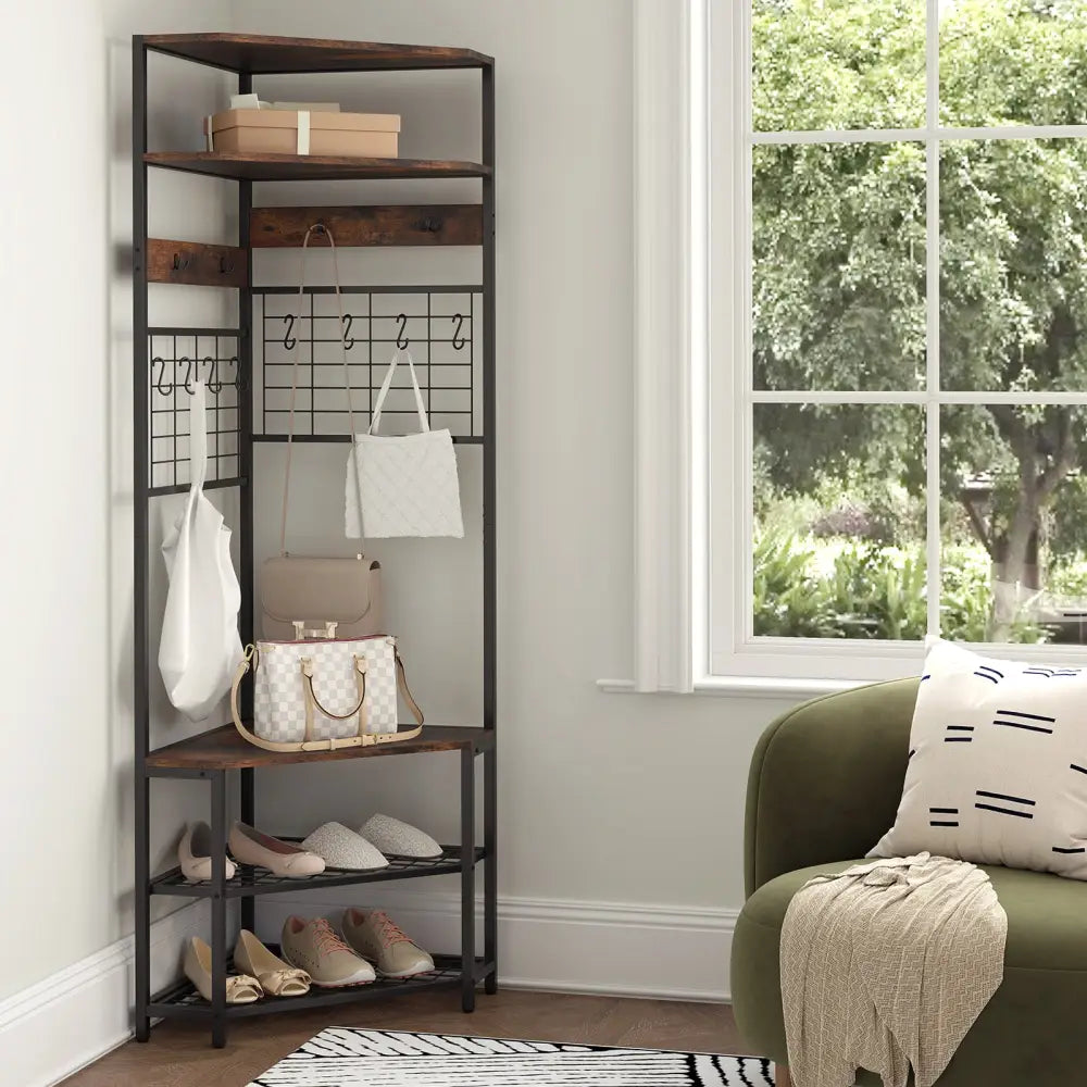 5-Tier Corner Hall Tree with Shoe Storage Bench-Rustic Brown - Rustic Brown - Coat Racks & Hall Trees