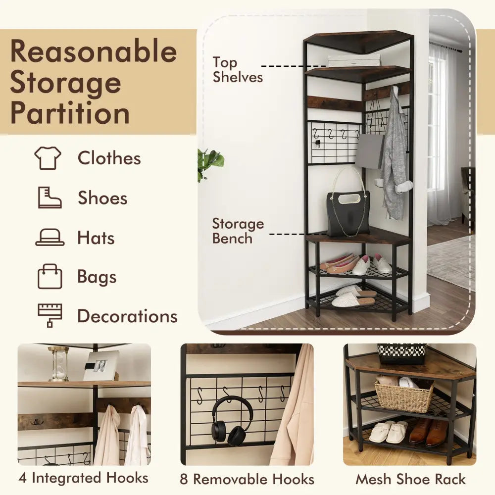 5-Tier Corner Hall Tree with Shoe Storage Bench-Rustic Brown - Rustic Brown - Coat Racks & Hall Trees