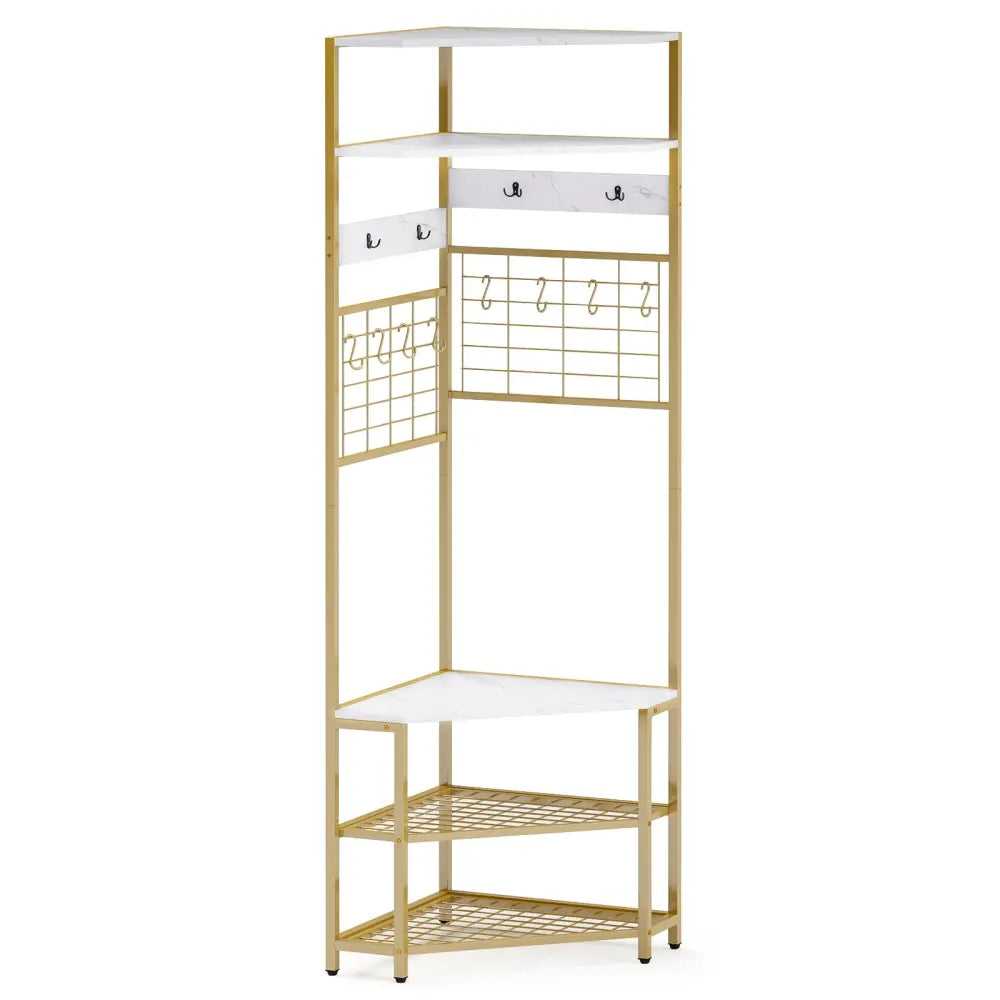 5-Tier Corner Hall Tree with Shoe Storage Bench-White - White - Coat Racks & Hall Trees