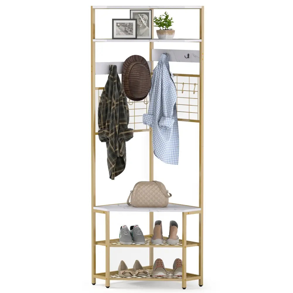 5-Tier Corner Hall Tree with Shoe Storage Bench-White - White - Coat Racks & Hall Trees