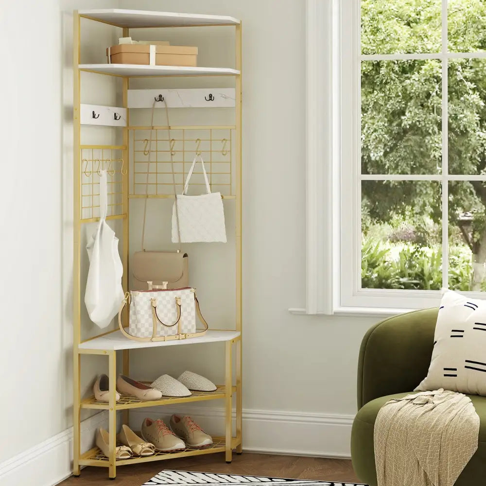 5-Tier Corner Hall Tree with Shoe Storage Bench-White - White - Coat Racks & Hall Trees
