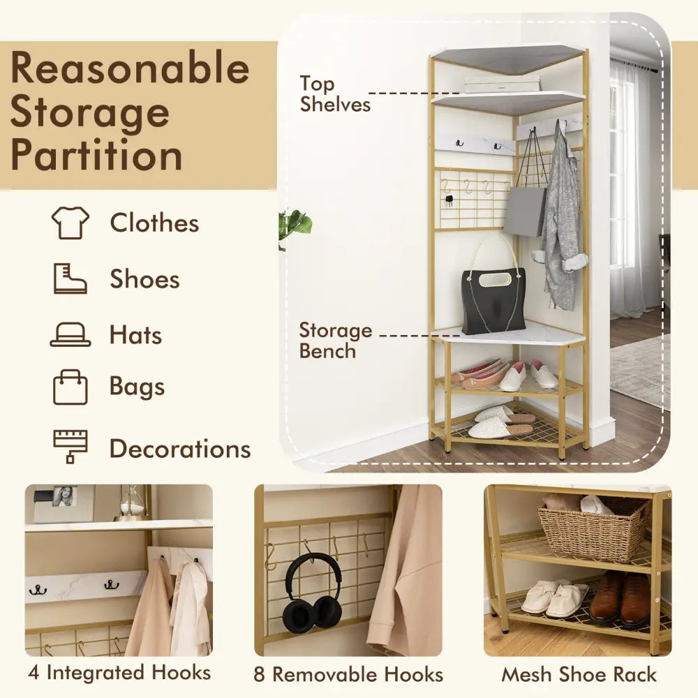 5-Tier Corner Hall Tree with Shoe Storage Bench-White - White - Coat Racks & Hall Trees