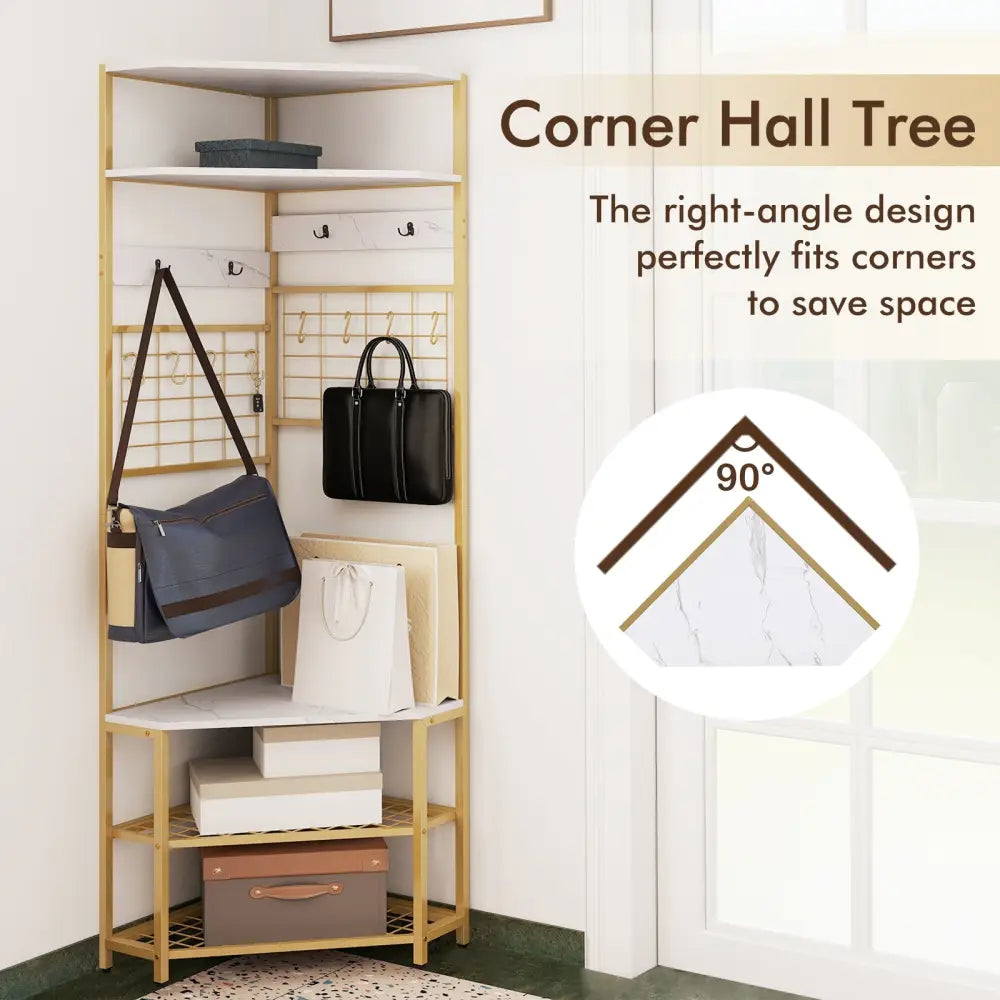 5-Tier Corner Hall Tree with Shoe Storage Bench-White - White - Coat Racks & Hall Trees