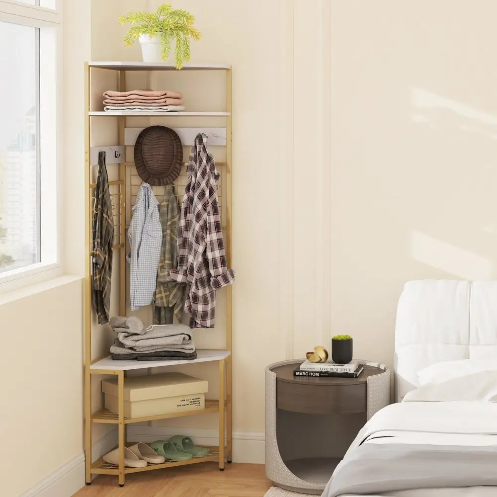 5-Tier Corner Hall Tree with Shoe Storage Bench-White - White - Coat Racks & Hall Trees