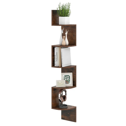 5-Tier Corner Shelf Floating Bookshelf Wall Mounted Storage Organizer-Rustic Brown Costway
