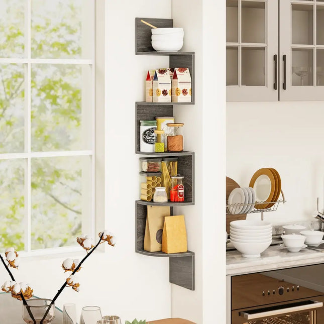 5-Tier Corner Shelf Floating Bookshelf Wall Mounted Storage Organizer-Oak Costway