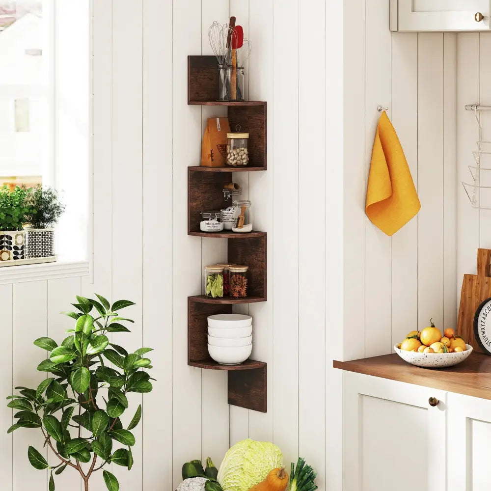 5-Tier Corner Shelf Floating Bookshelf Wall Mounted Storage Organizer-Rustic Brown - Rustic Brown - Bookcases