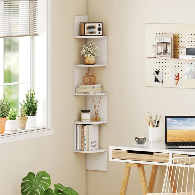 5-Tier Corner Shelf Floating Bookshelf Wall Mounted Storage Organizer-White Costway