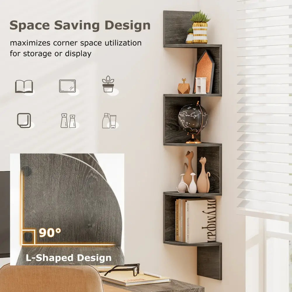 5-Tier Corner Shelf Floating Bookshelf Wall Mounted Storage Organizer-Oak - Oak - Bookcases