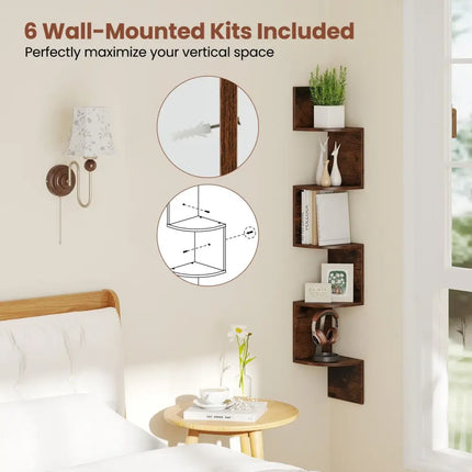 5-Tier Corner Shelf Floating Bookshelf Wall Mounted Storage Organizer-Rustic Brown Costway