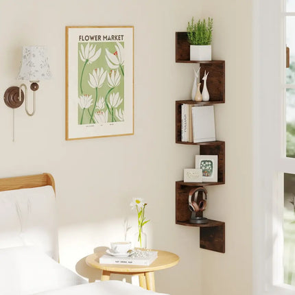 5-Tier Corner Shelf Floating Bookshelf Wall Mounted Storage Organizer-Rustic Brown Costway