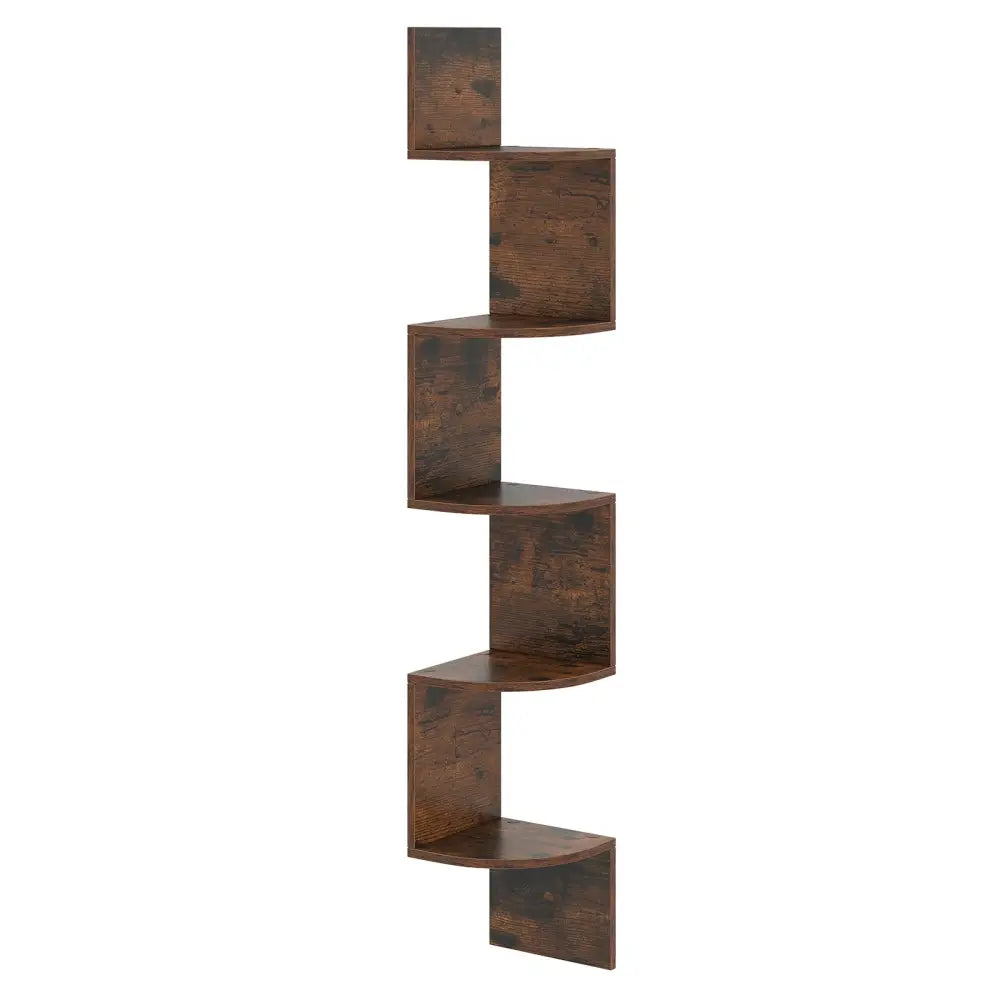 5-Tier Corner Shelf Floating Bookshelf Wall Mounted Storage Organizer-Rustic Brown - Rustic Brown - Bookcases