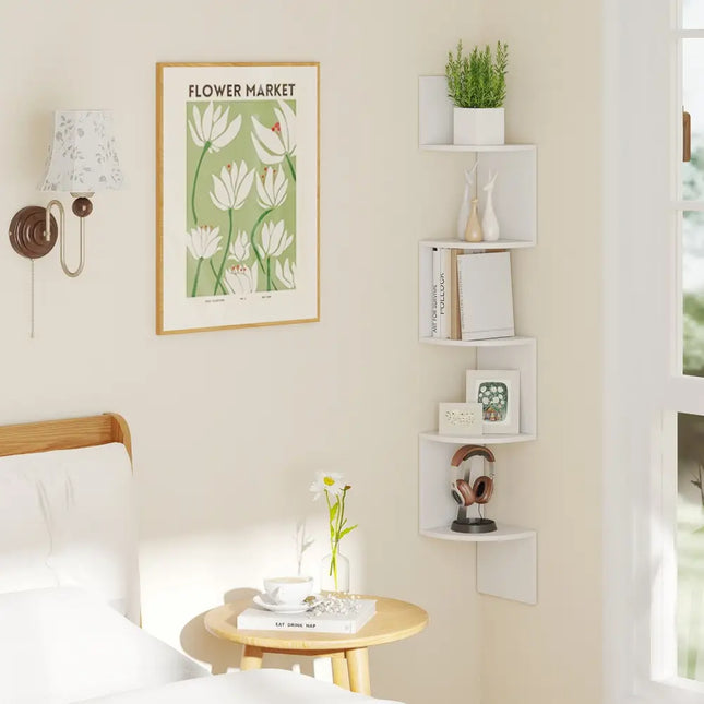 5-Tier Corner Shelf Floating Bookshelf Wall Mounted Storage Organizer-White Costway