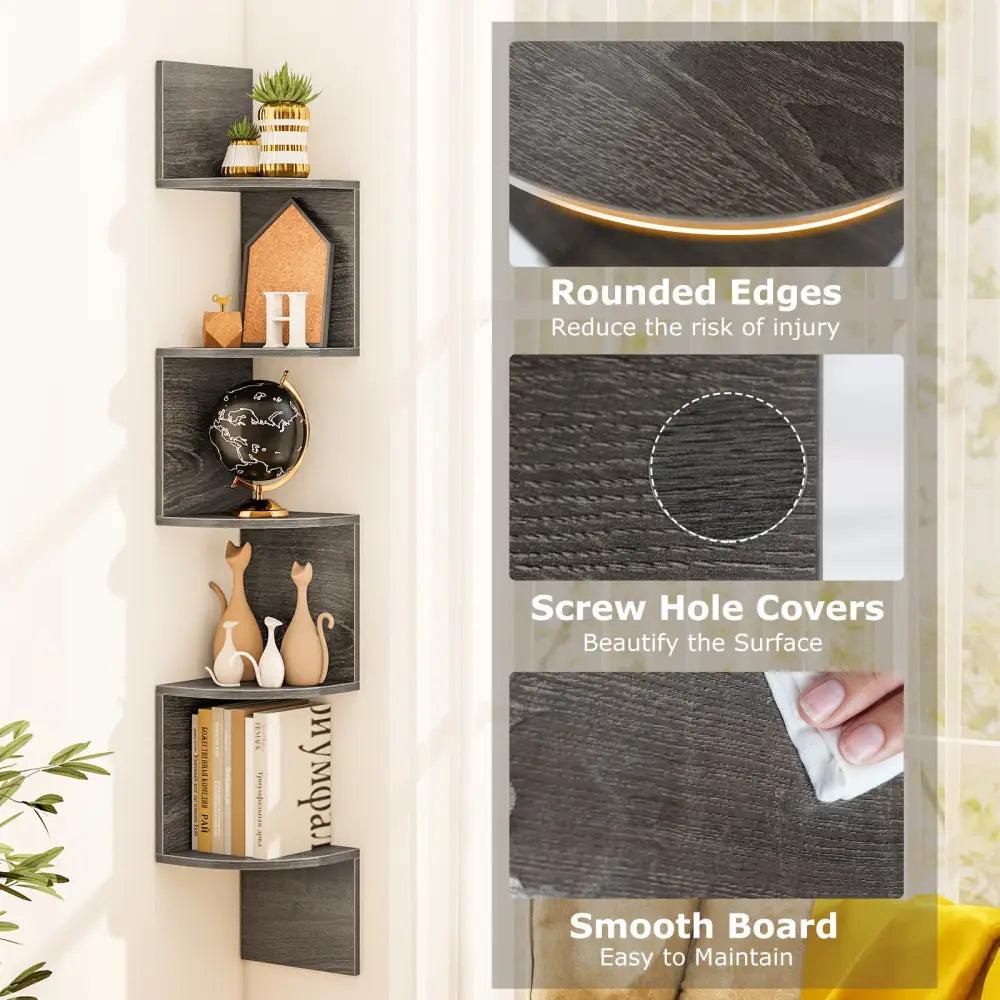 5-Tier Corner Shelf Floating Bookshelf Wall Mounted Storage Organizer-Oak - Oak - Bookcases