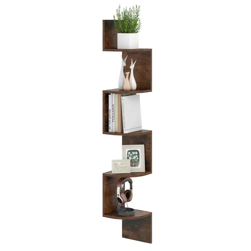 5-Tier Corner Shelf Floating Bookshelf Wall Mounted Storage Organizer-Rustic Brown - Rustic Brown - Bookcases