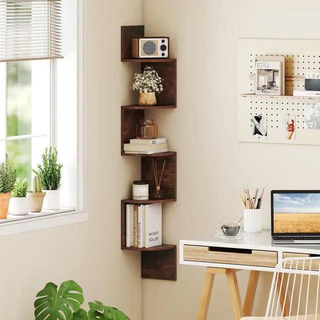 5-Tier Corner Shelf Floating Bookshelf Wall Mounted Storage Organizer-Rustic Brown Costway