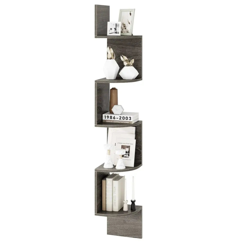 5-Tier Corner Shelf Floating Bookshelf Wall Mounted Storage Organizer-Oak - Oak - Bookcases