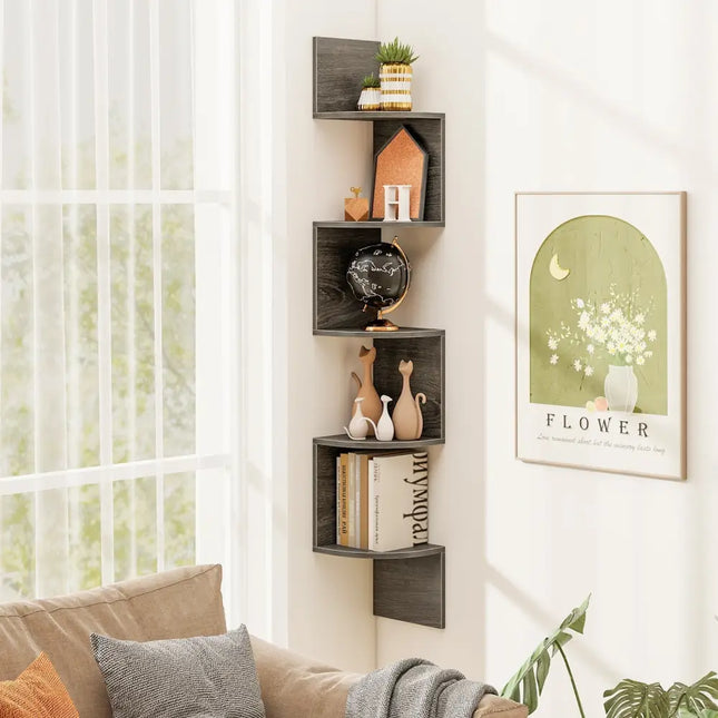 5-Tier Corner Shelf Floating Bookshelf Wall Mounted Storage Organizer-Oak Costway