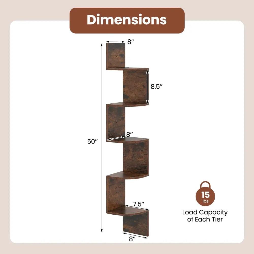 5-Tier Corner Shelf Floating Bookshelf Wall Mounted Storage Organizer-Rustic Brown - Rustic Brown - Bookcases