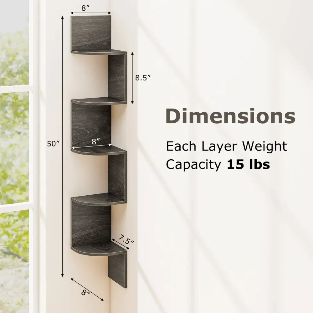 5-Tier Corner Shelf Floating Bookshelf Wall Mounted Storage Organizer-Oak - Oak - Bookcases