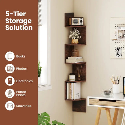 5-Tier Corner Shelf Floating Bookshelf Wall Mounted Storage Organizer-Rustic Brown Costway