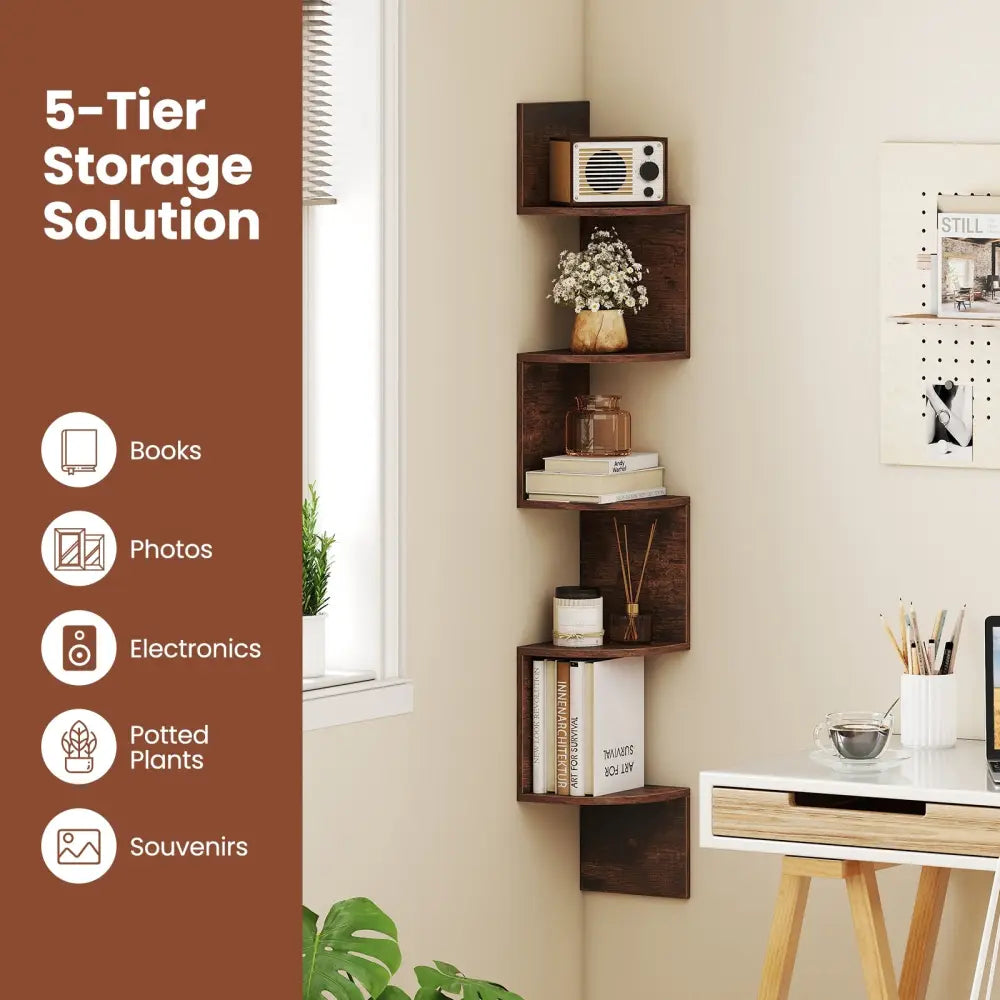 5-Tier Corner Shelf Floating Bookshelf Wall Mounted Storage Organizer-Rustic Brown - Rustic Brown - Bookcases
