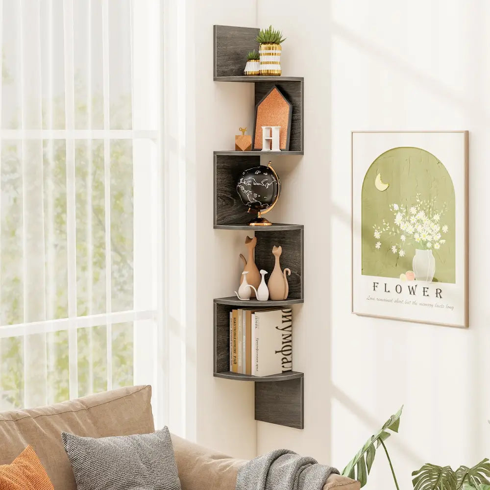 5-Tier Corner Shelf Floating Bookshelf Wall Mounted Storage Organizer-Oak - Oak - Bookcases