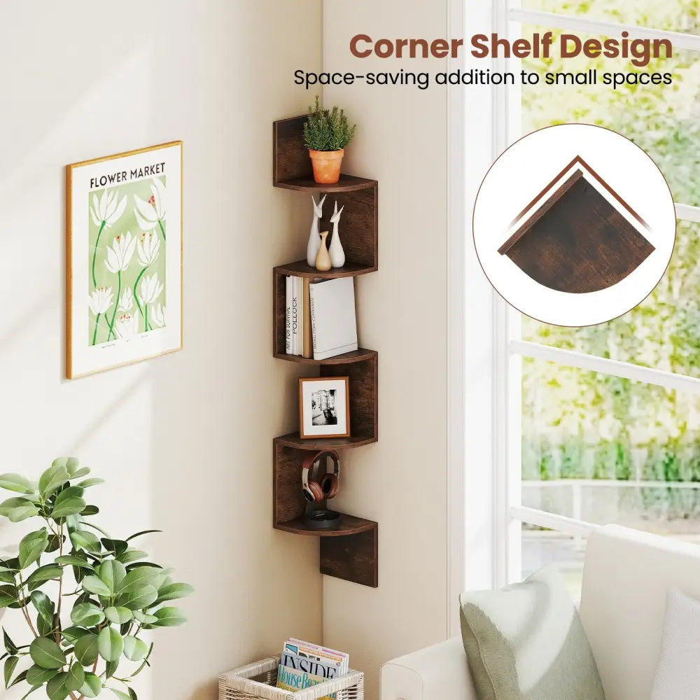 5-Tier Corner Shelf Floating Bookshelf Wall Mounted Storage Organizer-Rustic Brown - Rustic Brown - Bookcases