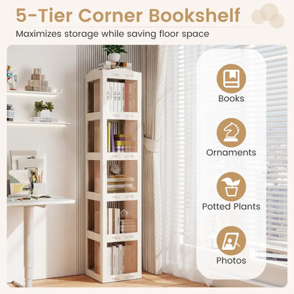 5-Tier Foldable Rotating Bookshelf 360° Spinning Bookcase with Swivel Base-White - White - Bookcases