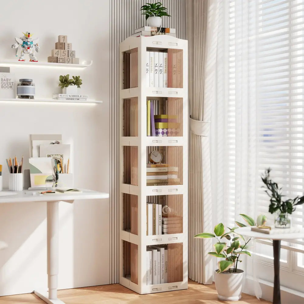 5-Tier Foldable Rotating Bookshelf 360° Spinning Bookcase with Swivel Base-White - White - Bookcases
