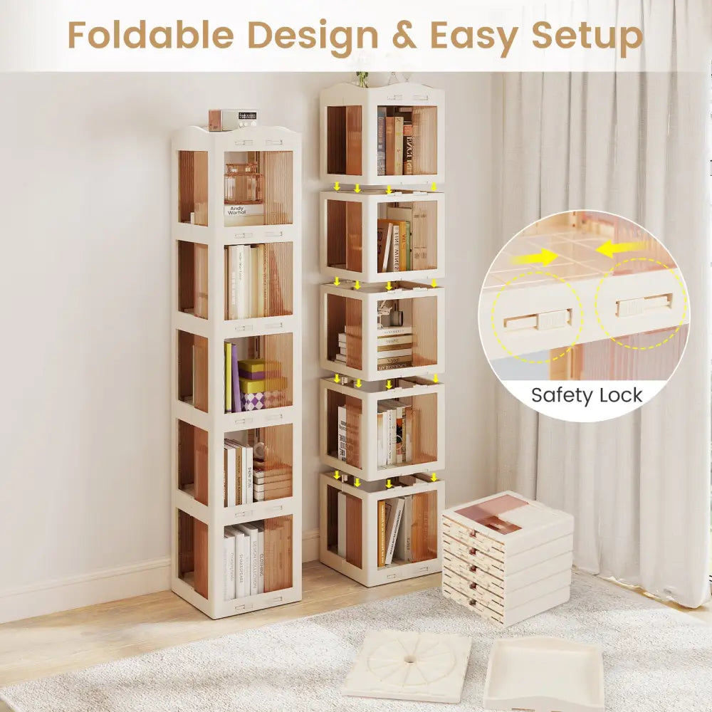 5-Tier Foldable Rotating Bookshelf 360° Spinning Bookcase with Swivel Base-White - White - Bookcases