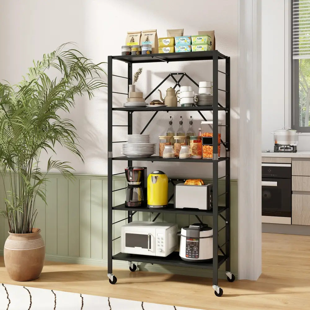 5-Tier Foldable Storage Shelf with Wheels-Black - Black - Cabinets & Chests