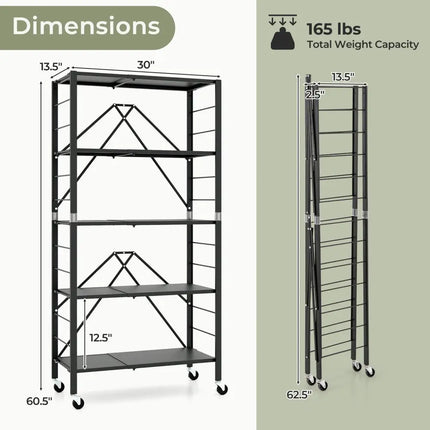5-Tier Foldable Storage Shelf with Wheels-Black - Black - Cabinets & Chests