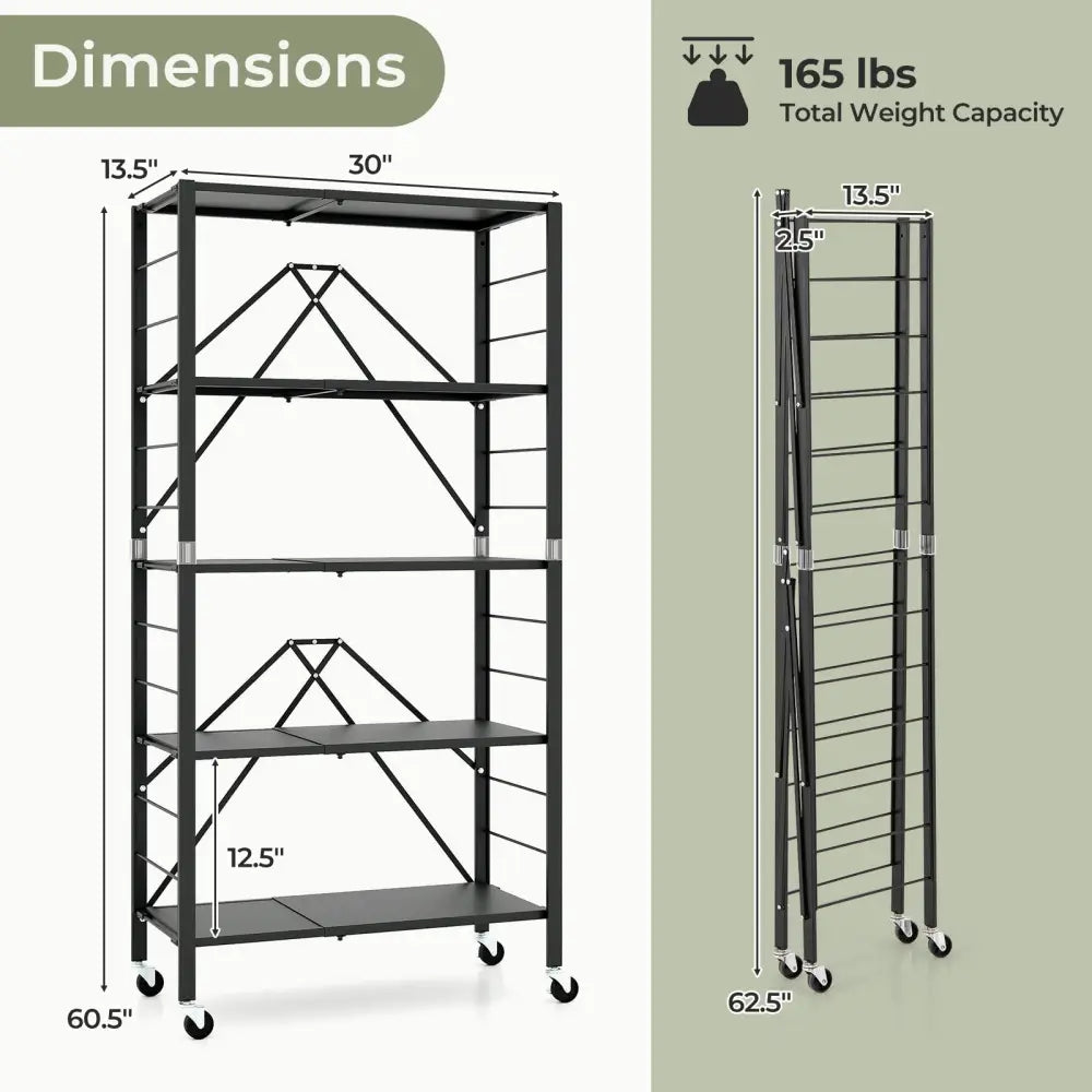 5-Tier Foldable Storage Shelf with Wheels-Black - Black - Cabinets & Chests