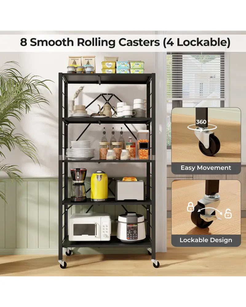 5-Tier Foldable Storage Shelf with Wheels-Black - Black - Cabinets & Chests