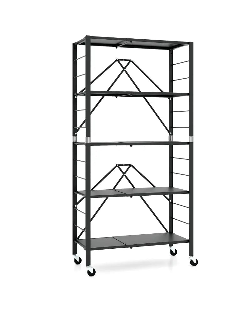 5-Tier Foldable Storage Shelf with Wheels-Black - Black - Cabinets & Chests