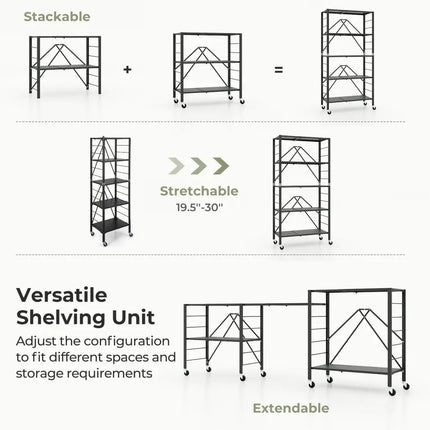 5-Tier Foldable Storage Shelf with Wheels-Black - Black - Cabinets & Chests