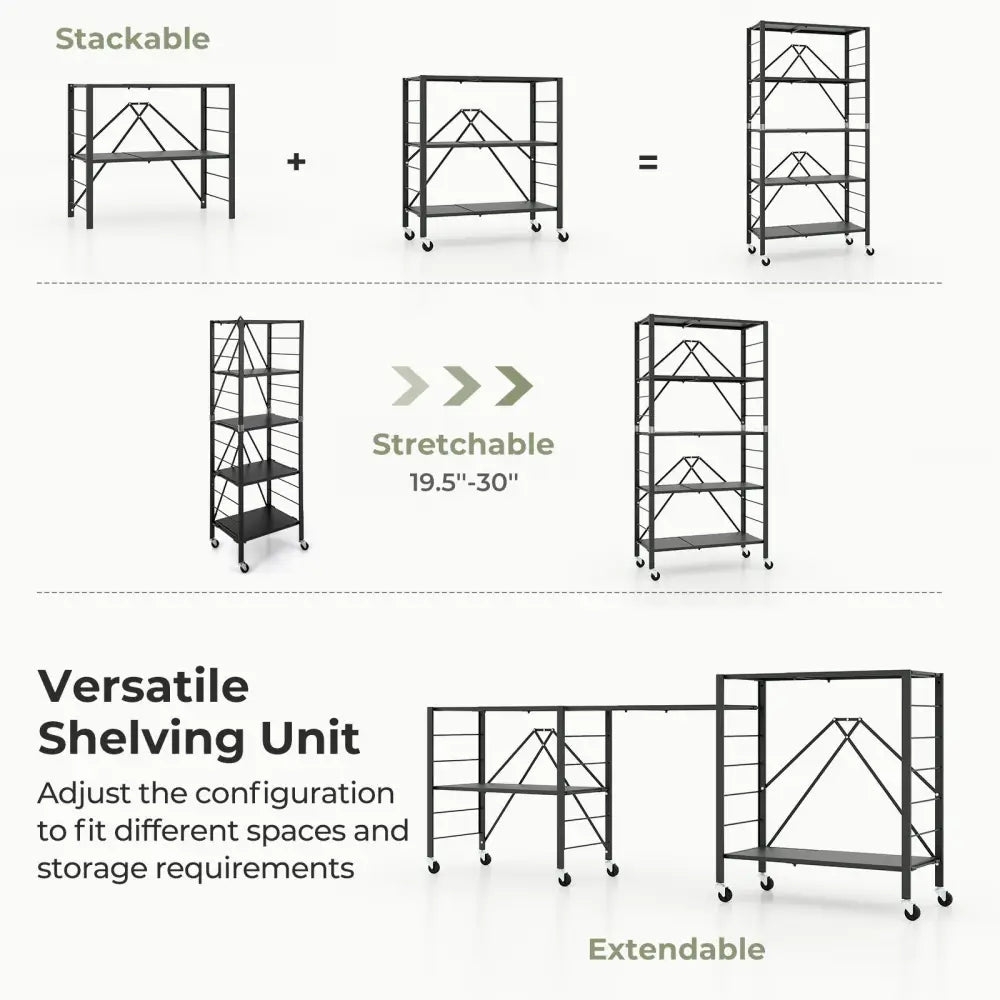 5-Tier Foldable Storage Shelf with Wheels-Black - Black - Cabinets & Chests